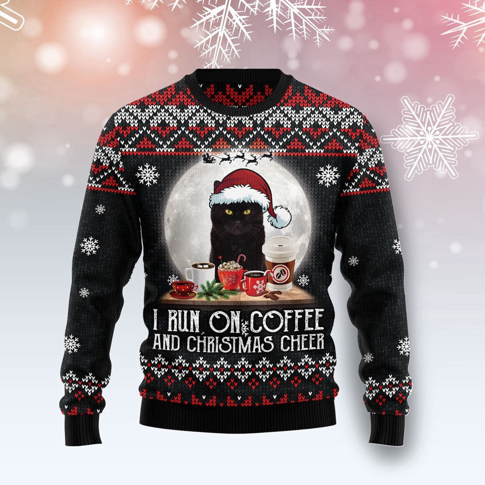 Funny Christmas Sweater Black Cat Run On Coffee Ugly Christmas Sweater Holiday Gift Ideas