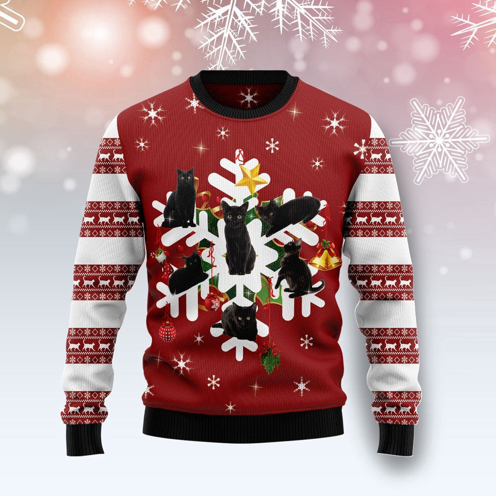 Funny Christmas Sweater Black Cat Snowflake - Ugly Christmas Sweater Holiday Gift Ideas