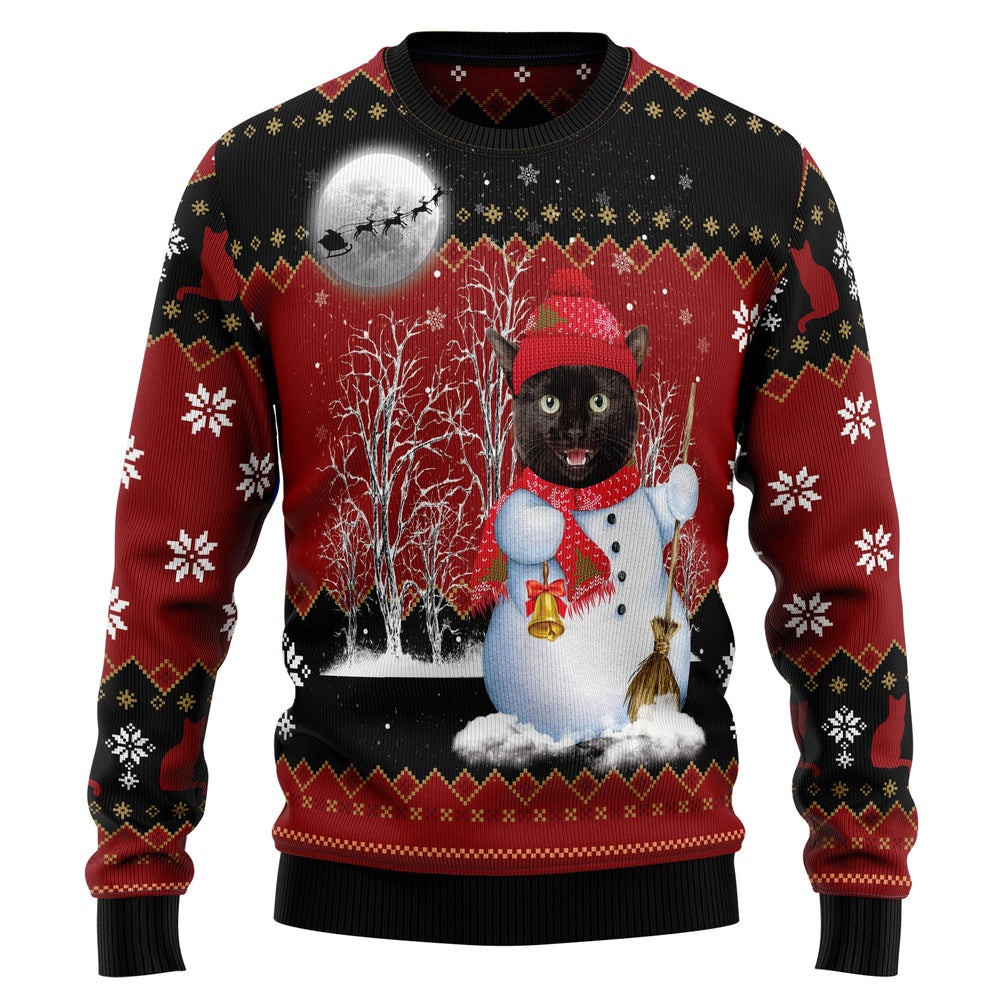 Funny Christmas Sweater Black Cat Snowman Ugly Christmas Sweater Holiday Gift Ideas