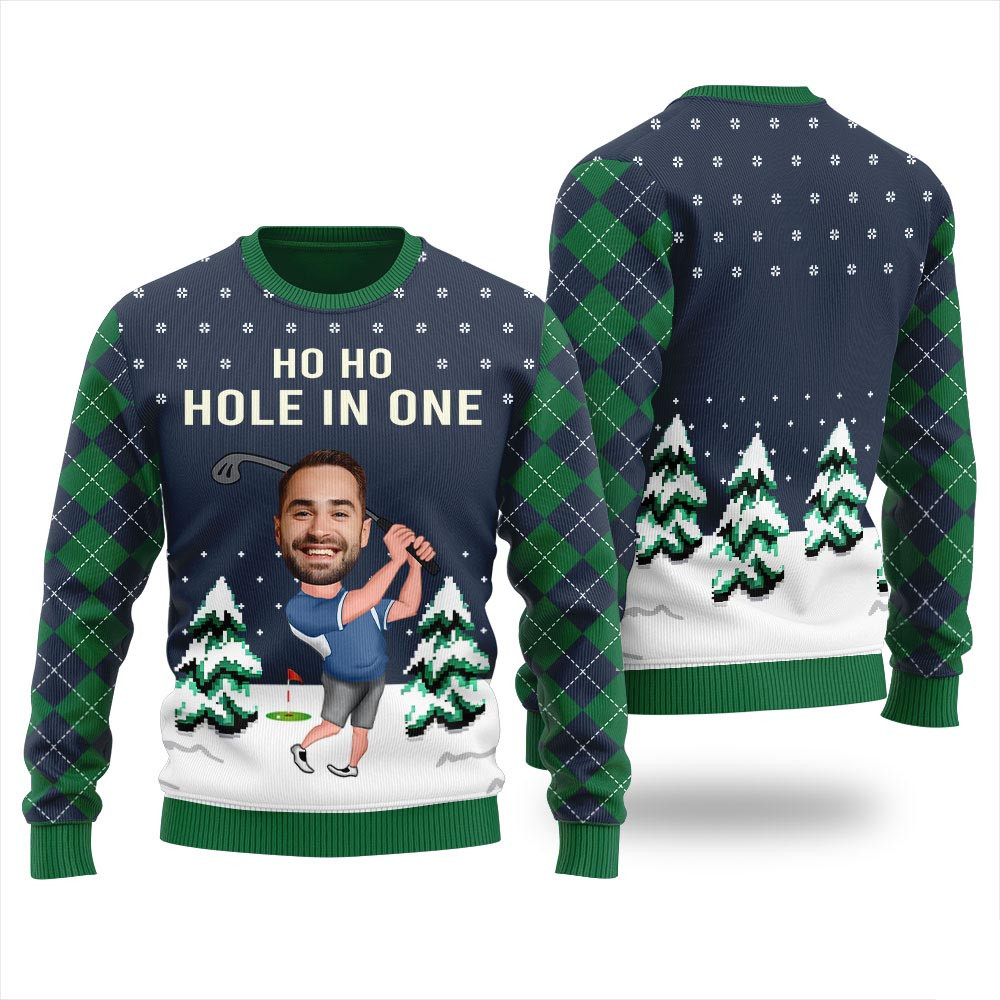 Funny Christmas Sweaters Custom Face Golf Player Navy