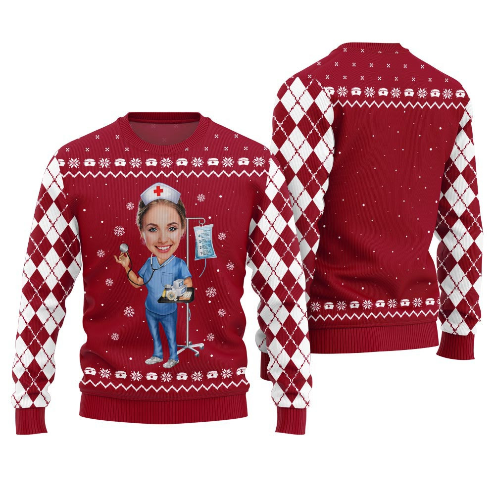 Funny Christmas Sweaters Custom Face Nurse Red