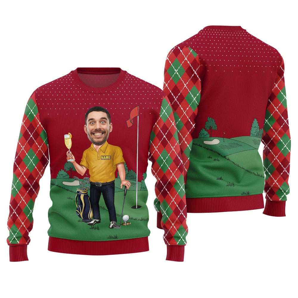 Funny Christmas Sweaters For Adults Custom Face Golf Player Men