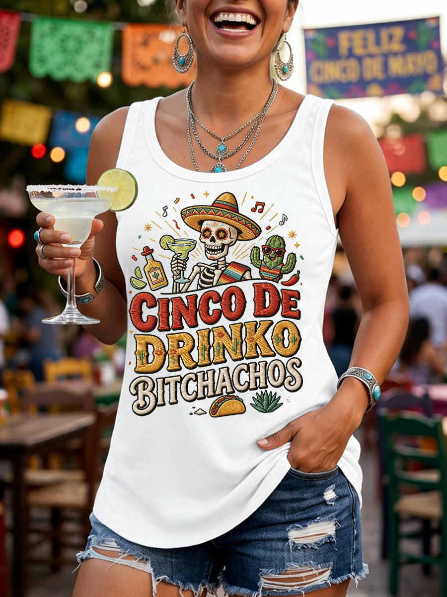 Funny Cinco De Drinko Bitchachos Skeleton Tank Top Cinco De Mayo Merch Gifts For Her