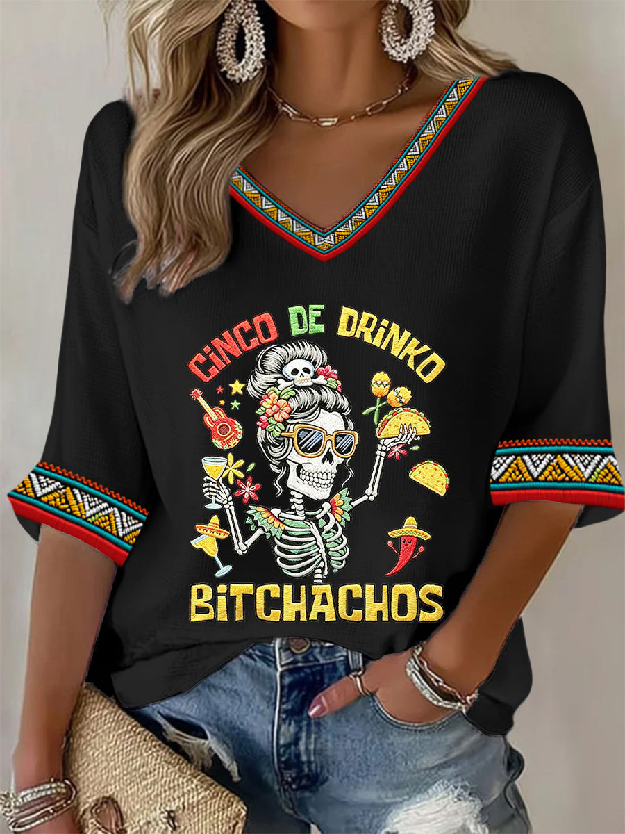 Funny Cinco De Drinko Bitchachos Skeleton V-Neck Long Sleeve Shirt Mexican American Culture Merch