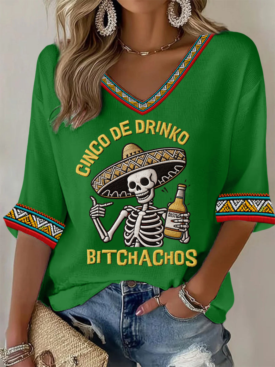 Funny Cinco De Drinko Bitchachos Skeleton V-Neck Long Sleeve Shirt Mexico Festival Apparel