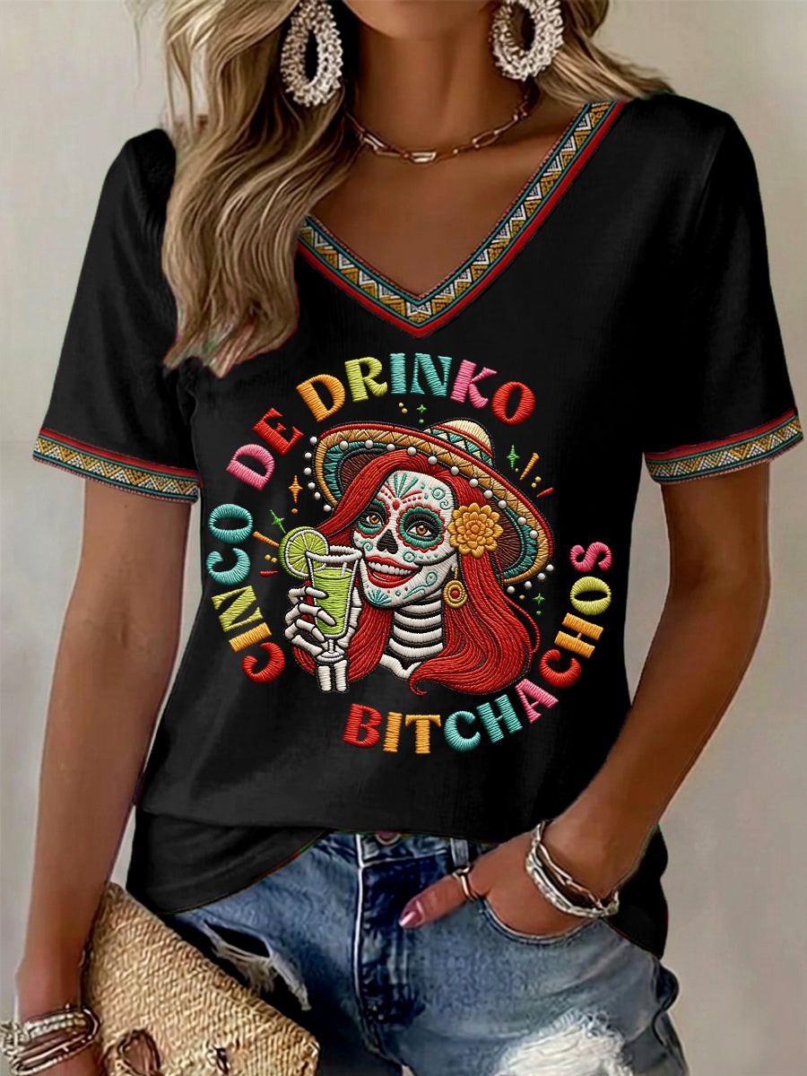 Funny Cinco De Drinko Bitchachos Skeleton V-Neck Shirt Mexico Festival Merch