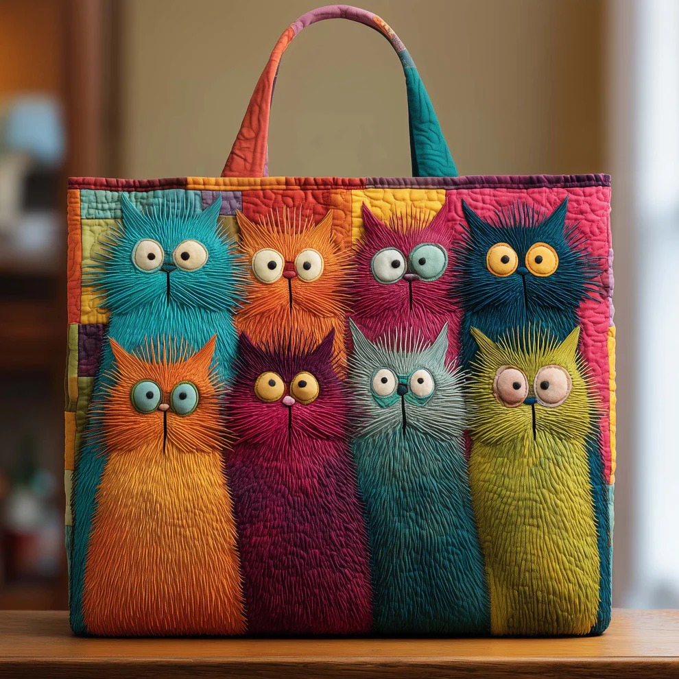 Funny Colorful Cartoon Cat Crew Quilted Tote Bag Cat Mom Lover Quirky Colorful Nature Gift For Her
