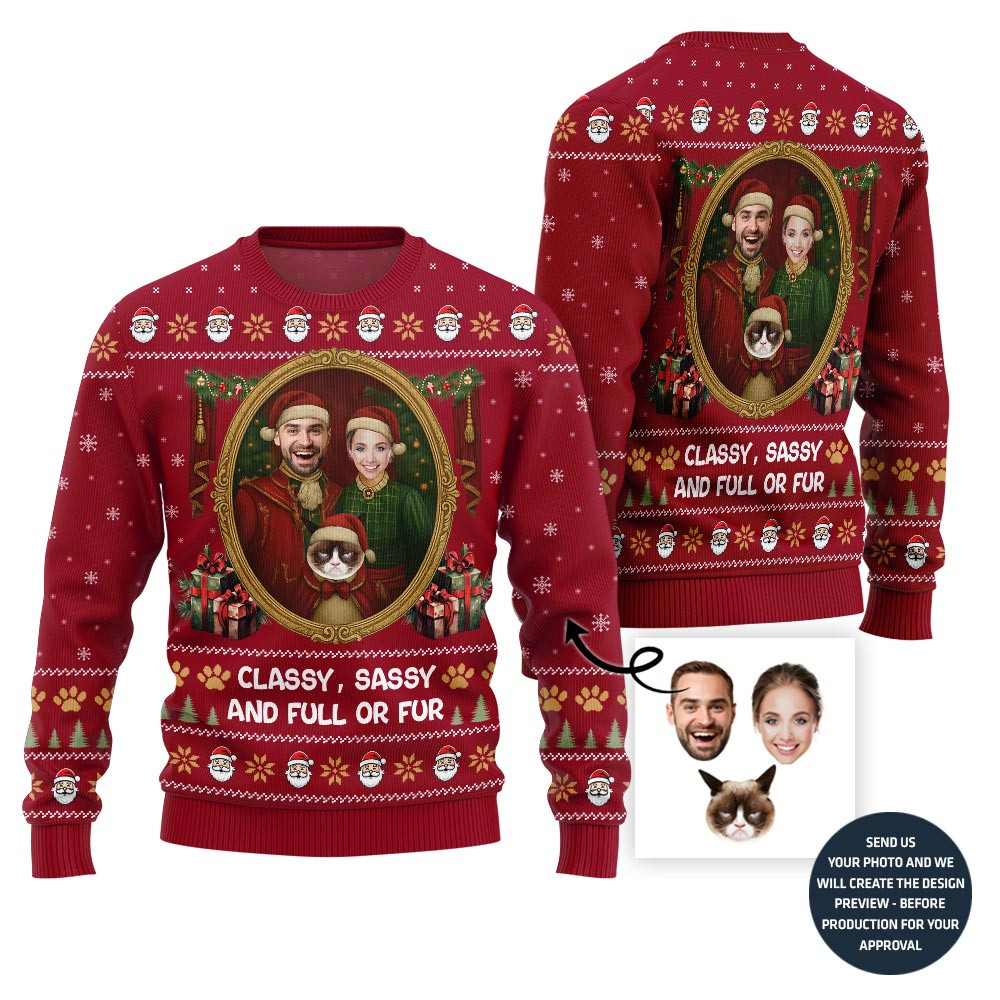 Funny Couple And Pet Portrait Holiday Sweater Special Merch Gift Idea for Festive Celebrations