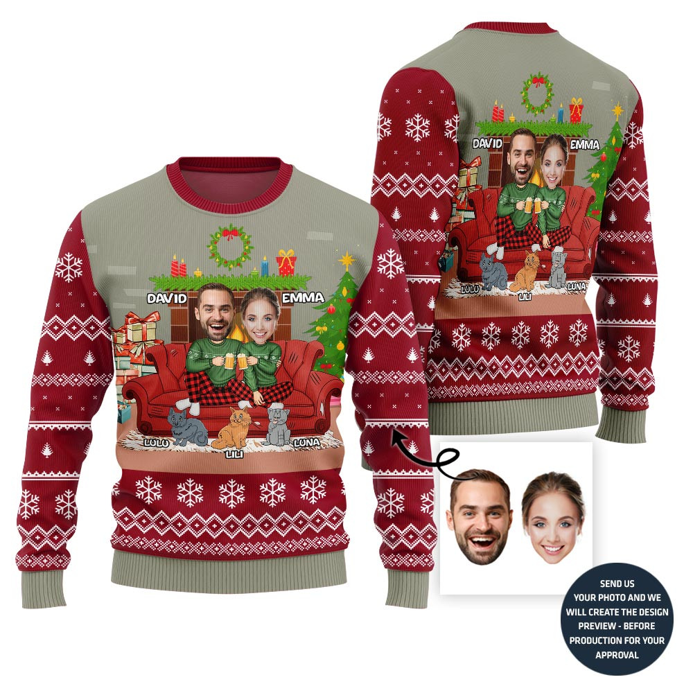 Funny Couple With Cats And Dogs Holiday Sweater Custom Holiday Sweater Merch That Warms the Heart