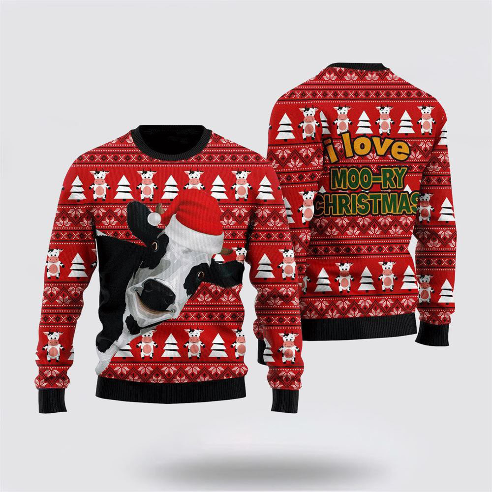 Funny Cow I Love Moo-ry Christmas Ugly Christmas Sweater Best Christmas Gifts For Women 2024
