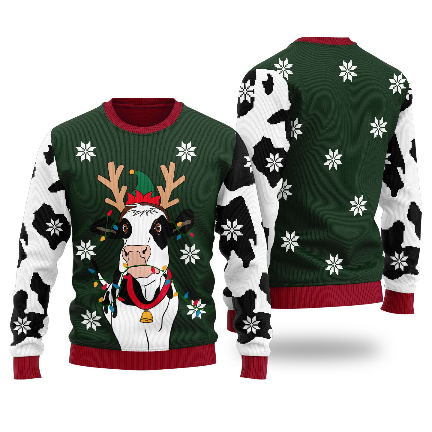 Funny Cow Ugly Christmas Sweater Forest Green Perfect Holiday Gift Merch for Sweater Lovers