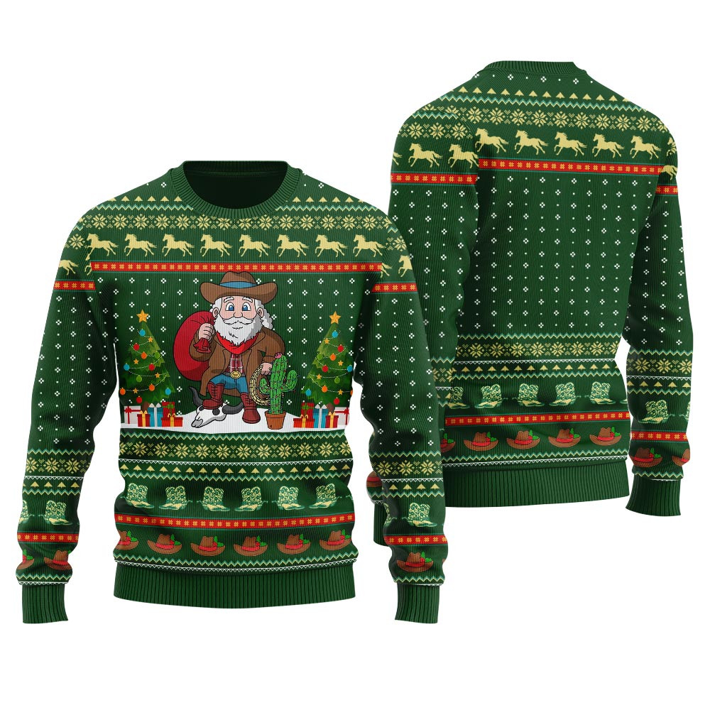 Funny Cowboy Santa Claus Ugly Christmas Sweater Green Trendy Christmas Sweater for Winter Outfits