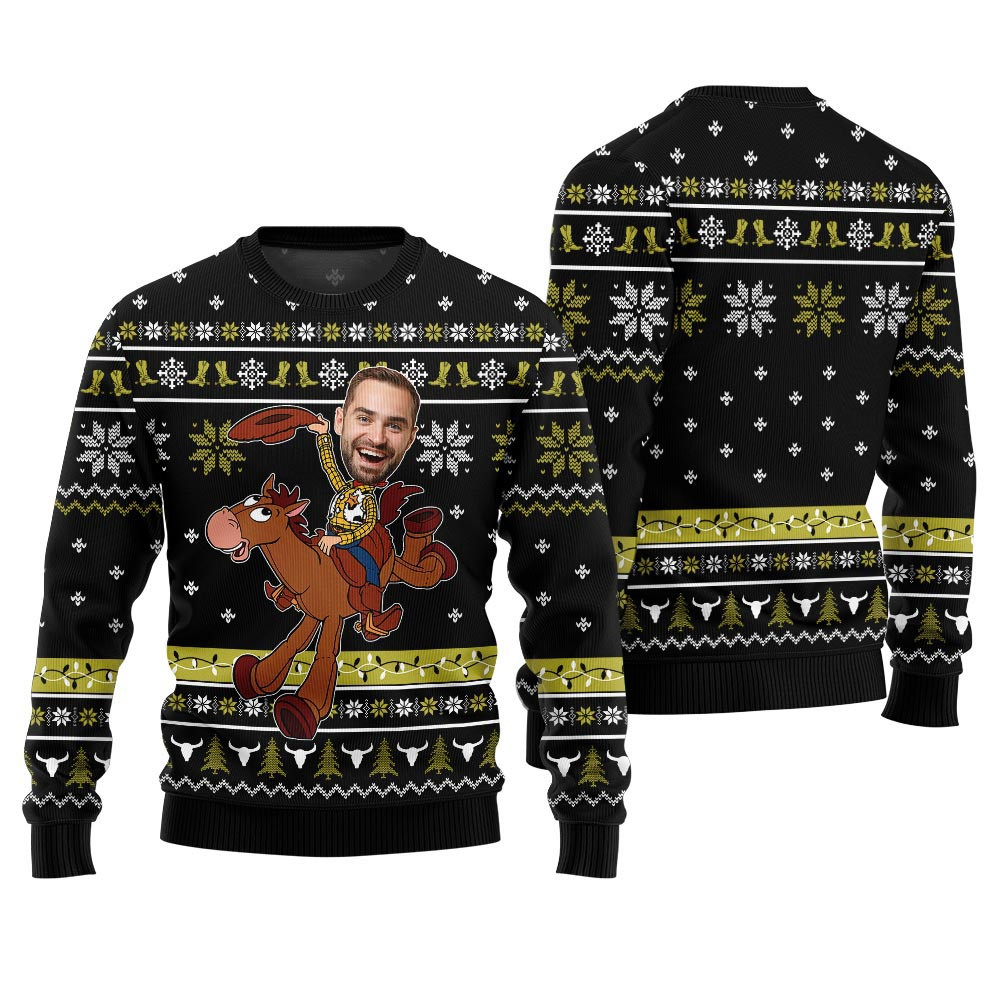 Funny Cowboy Ugly Christmas Sweater Custom Face Black Ugly Christmas Gifts