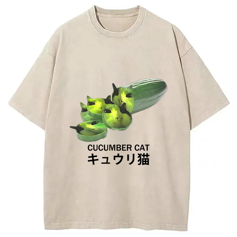 Funny Cucumber Cat Meme Washed T-Shirt Unique Aesthetic Fashion Tee Gifts For Him