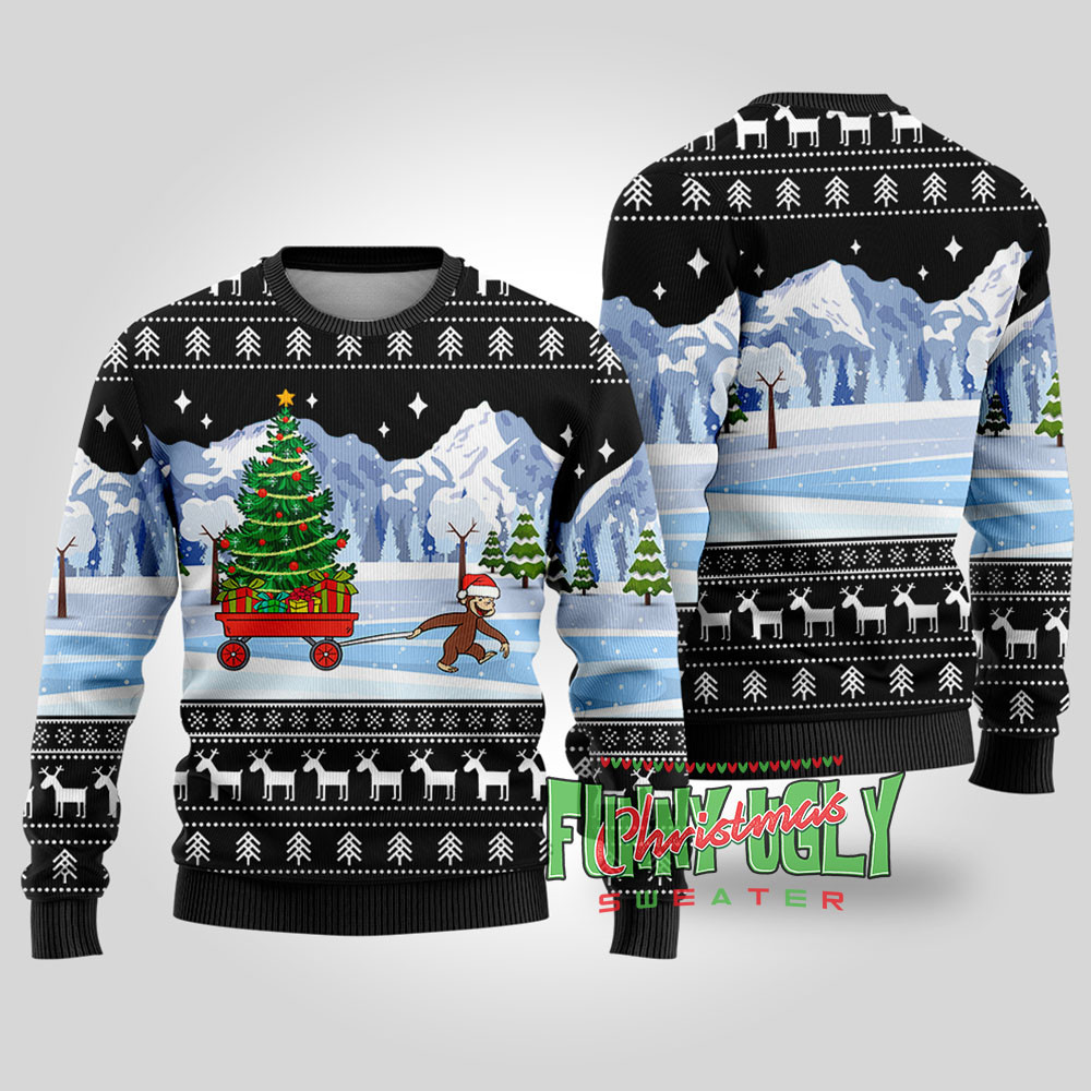 Funny Curious George Ugly Christmas Sweater Black Funny Holiday Sweater for Family Gatherings