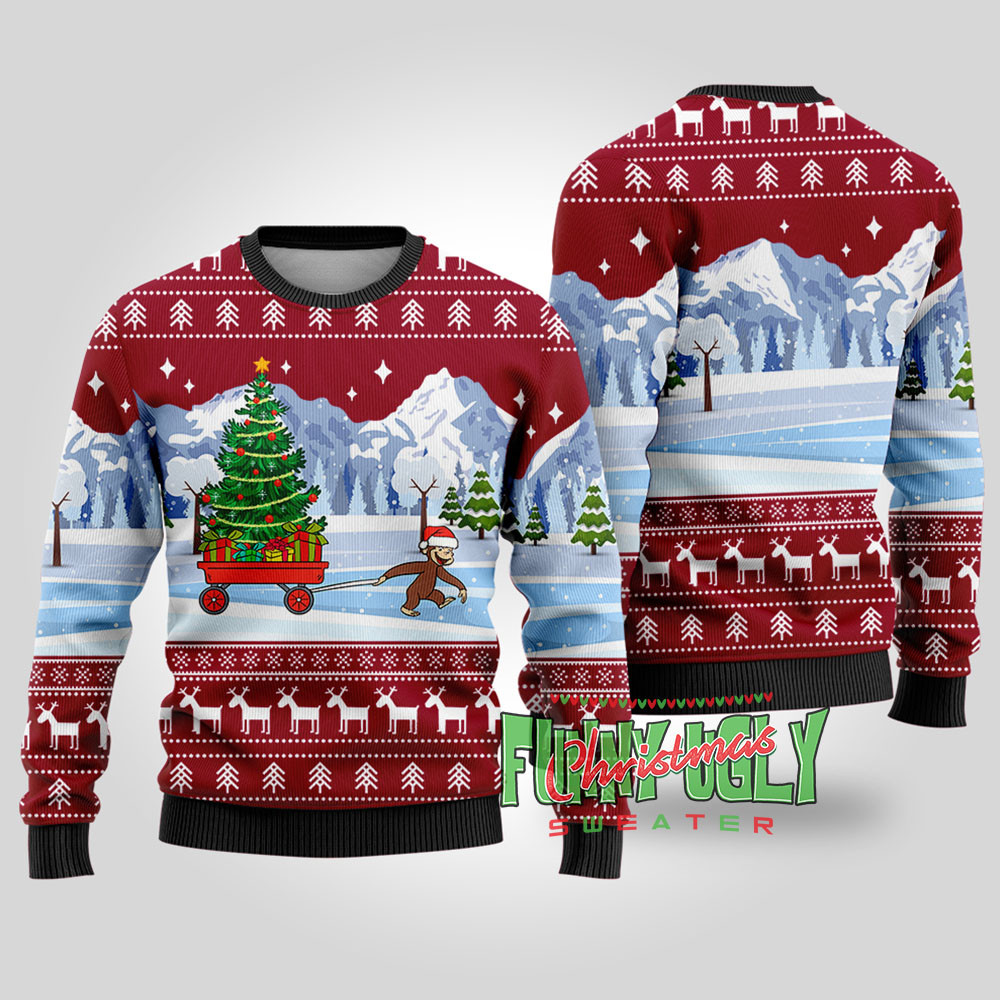 Funny Curious George Ugly Christmas Sweater Cardinal Red Lovely Christmas Sweater Gift for Mom or Grandma
