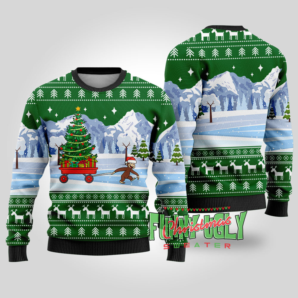 Funny Curious George Ugly Christmas Sweater Forest Green Unique Holiday Merch Gift for Home and Family