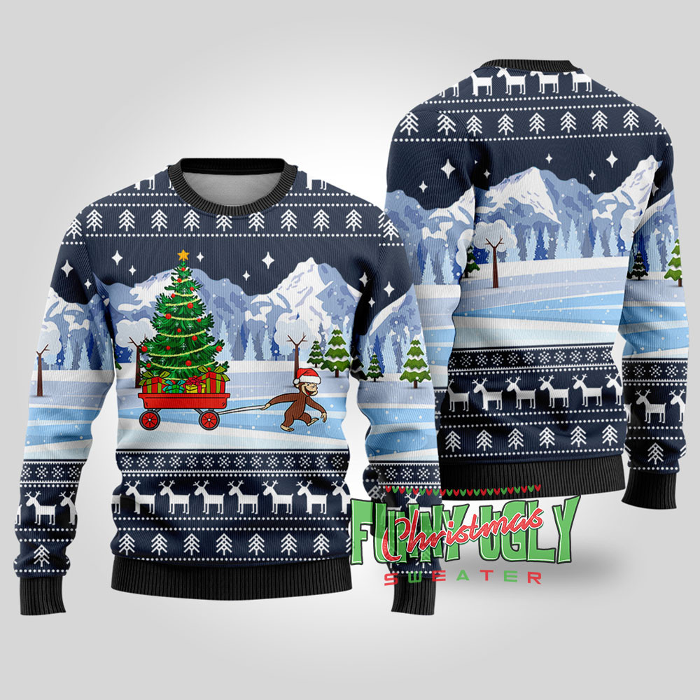 Funny Curious George Ugly Christmas Sweater Navy Unique Holiday Merch Gift for Home and Family