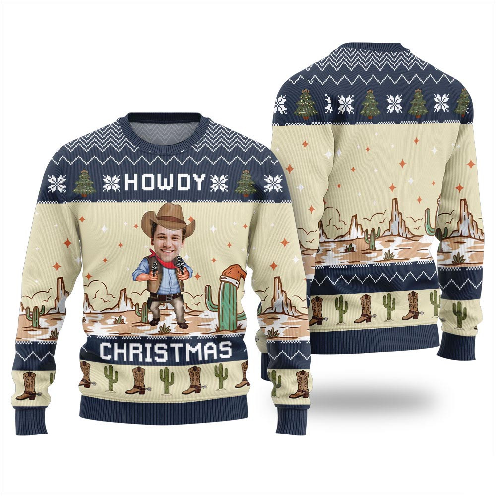 Funny Custom Cowboy Ugly Christmas Sweaters Howdy Christmas Navy Funny Ugly Christmas Sweater