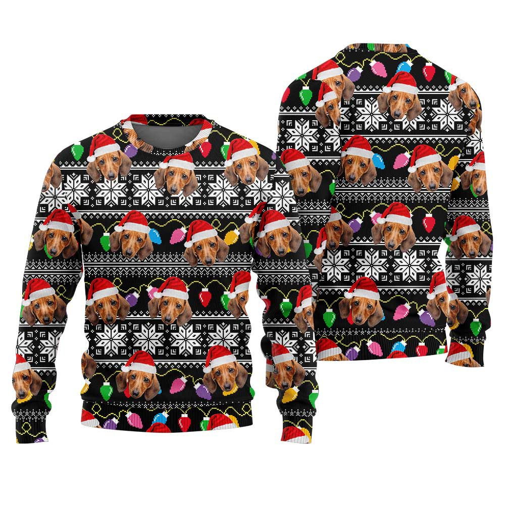 Funny Custom Dog Face Ugly Sweater Christmas Lighting Funny Holiday Sweater