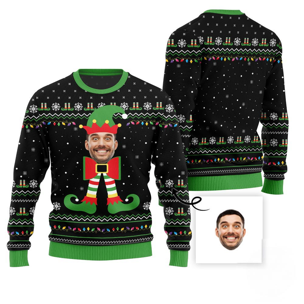 Funny Custom Elf Face Ugly Christmas Sweater Holiday Sweaters For Men