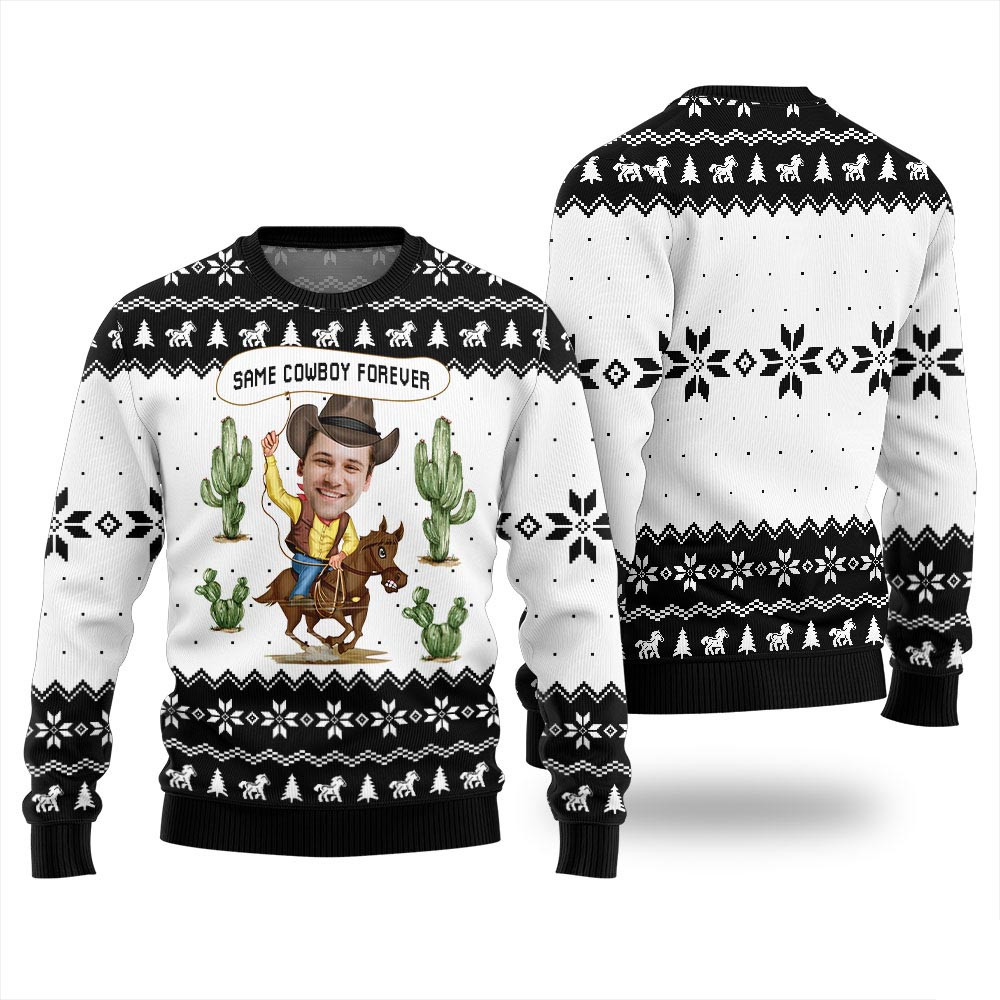 Funny Custom Face Christmas Sweaters For Adults Same Cowboy Forever Black Xmas Sweaters For Family