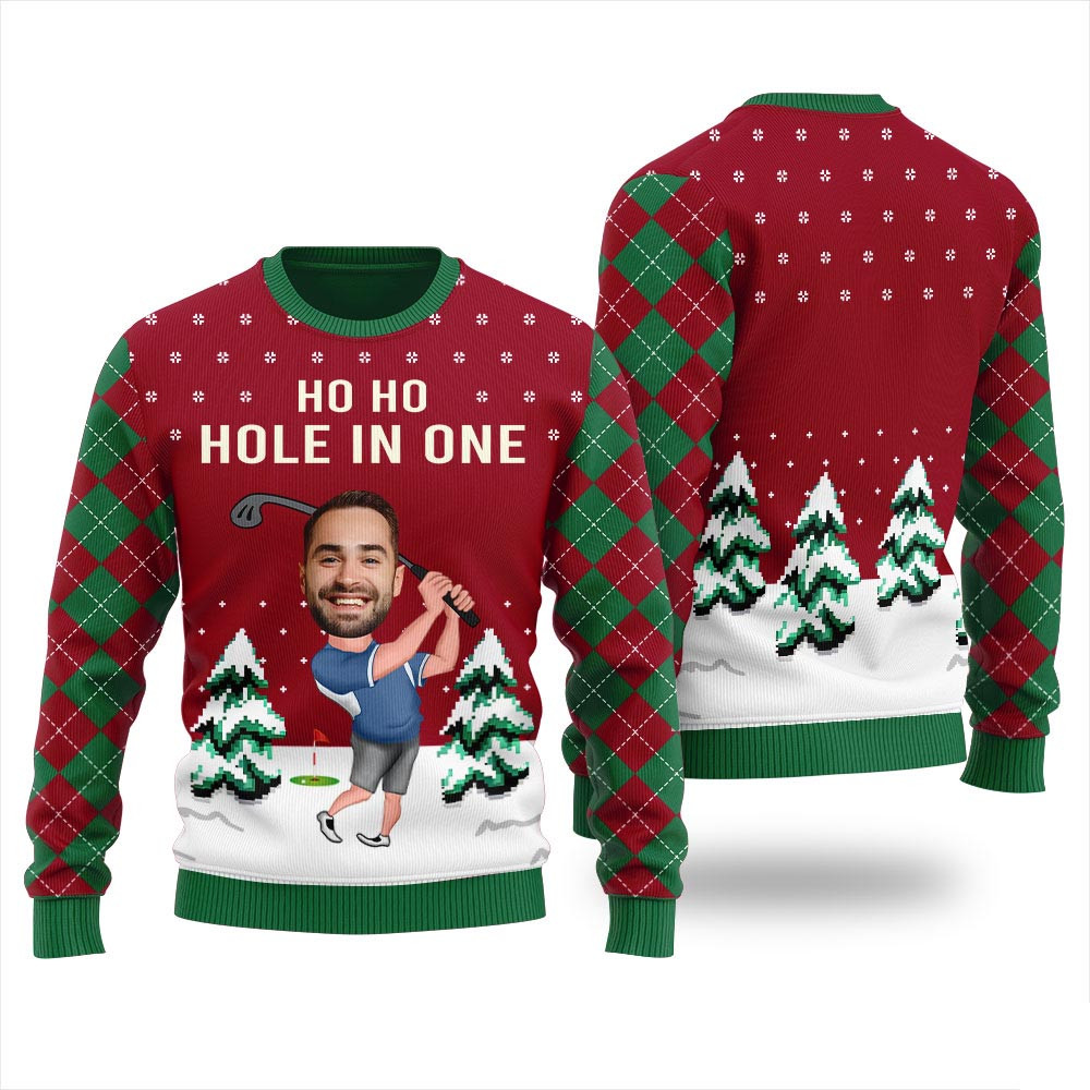 Funny Custom Face Golf Player Christmas Sweater Red Nice Christmas Sweaters For Men