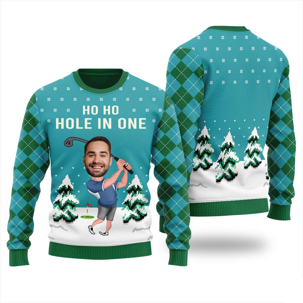 Funny Custom Face Golf Player Ugly Sweater Blue Ugly Christmas Gifts