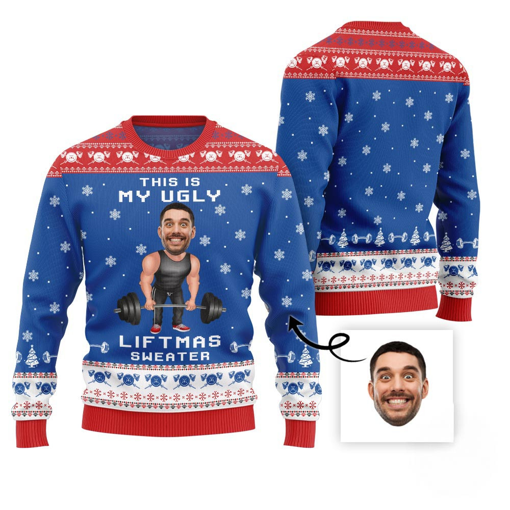 Funny Custom Face Gym Lifting Ugly Christmas Sweater Christmas Gift Ideas For Wife