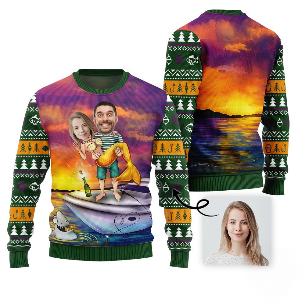 Funny Custom Face Mermaid Couple Ugly Xmas Sweater Funny Ugly Christmas Sweater