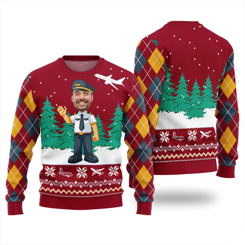 Funny Custom Face Pilot Ugly Christmas Sweater Red Christmas Sweaters For Men And Women