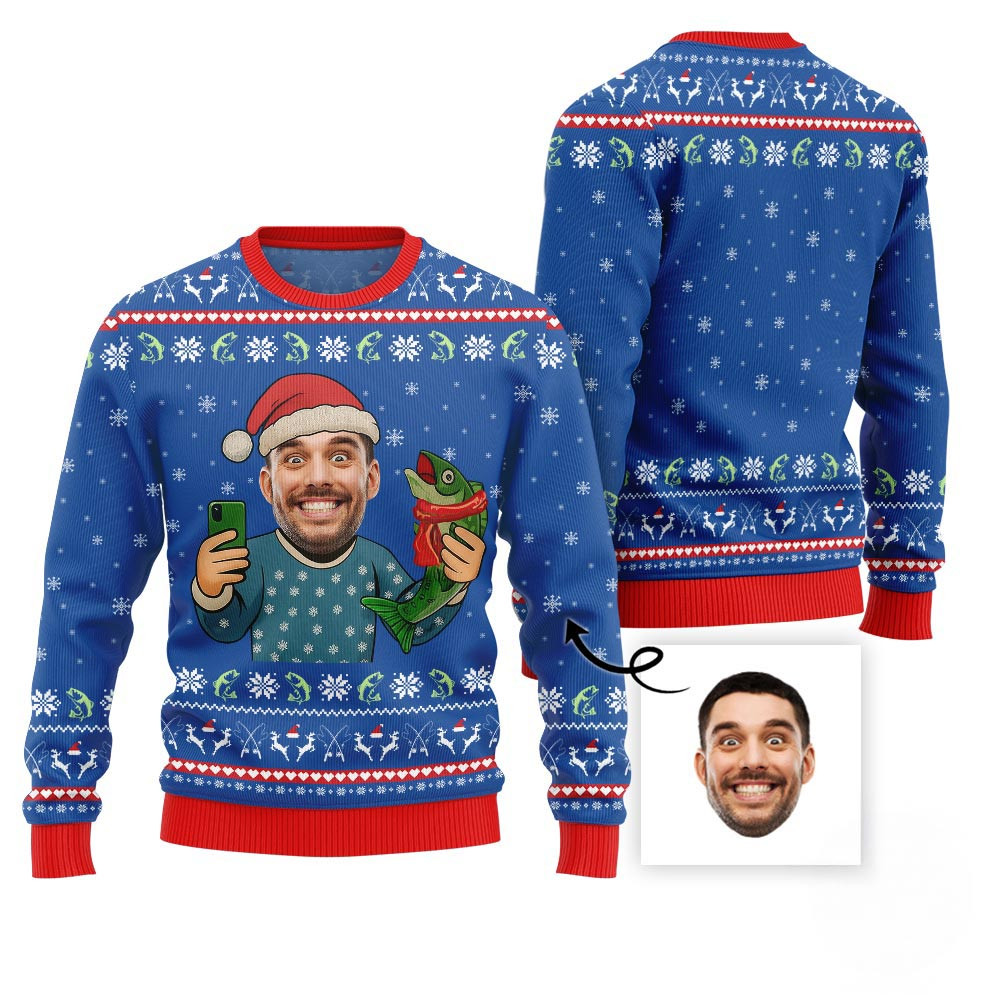 Funny Custom Face Santa Fishing Ugly Xmas Sweater For Men Family Gifts For Christmas