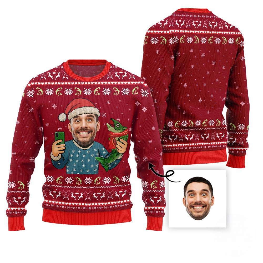 Funny Custom Face Santa Fishing Ugly Xmas Sweater For Women Xmas Sweaters For Family