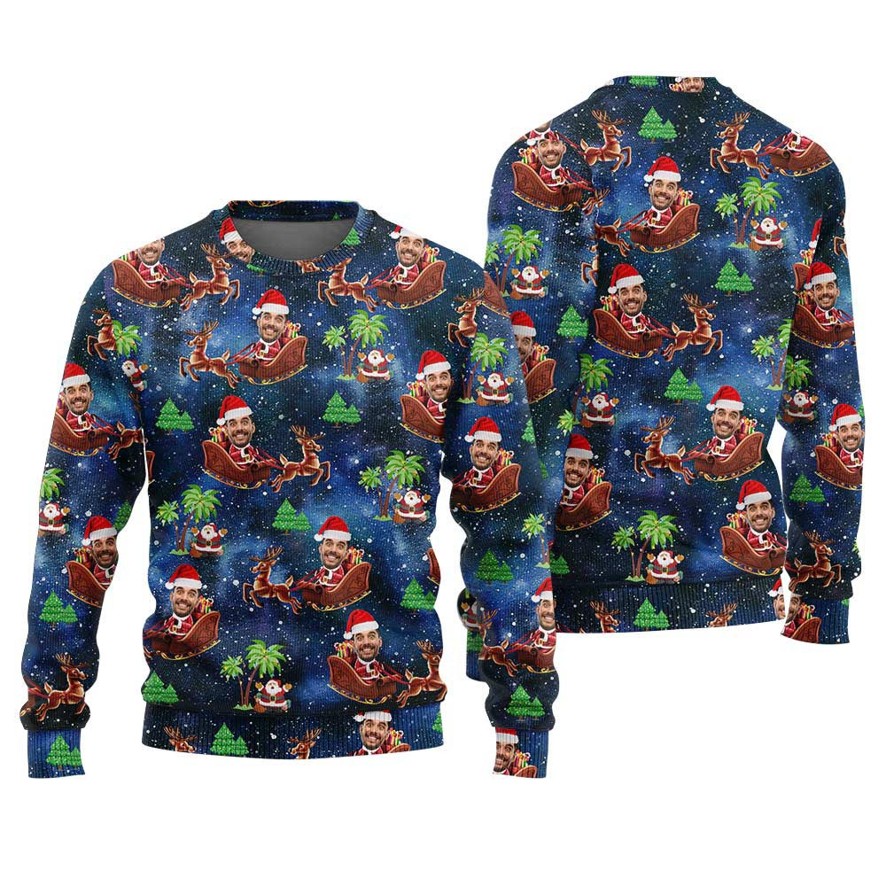 Funny Custom Face Santa Riding Sleigh Christmas Sweater Royal Nice Christmas Sweaters For Men