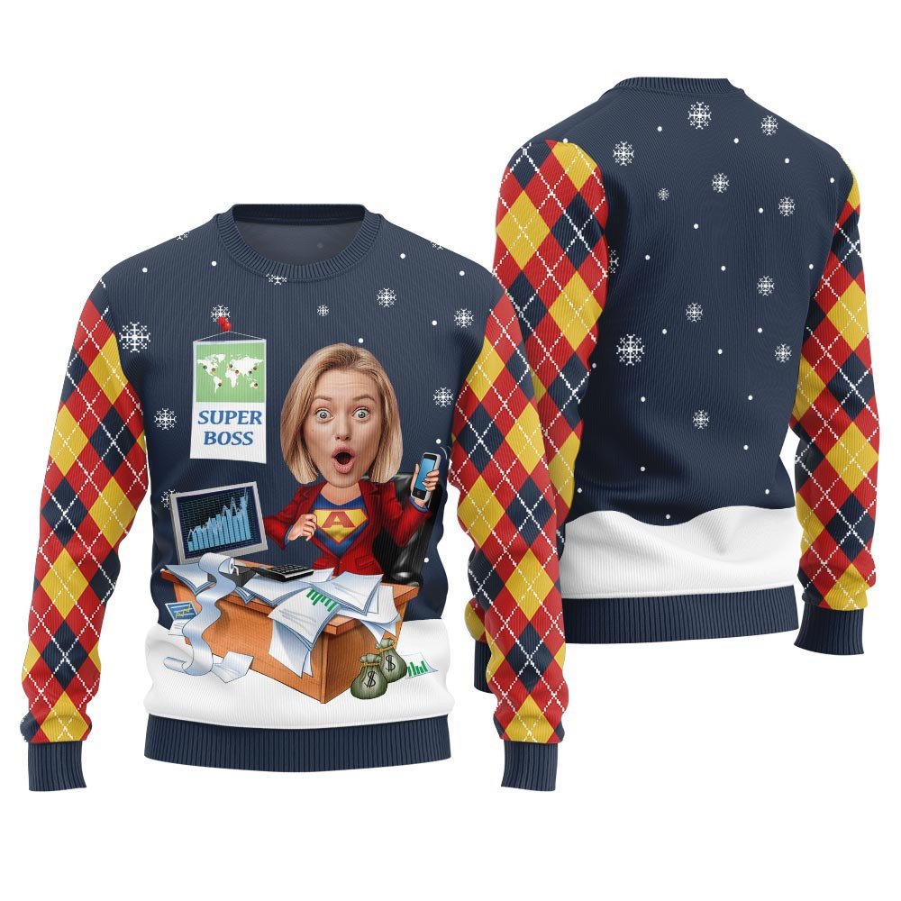 Funny Custom Face Super Mom Funny Ugly Sweater Navy Funny Christmas Sweaters For Women