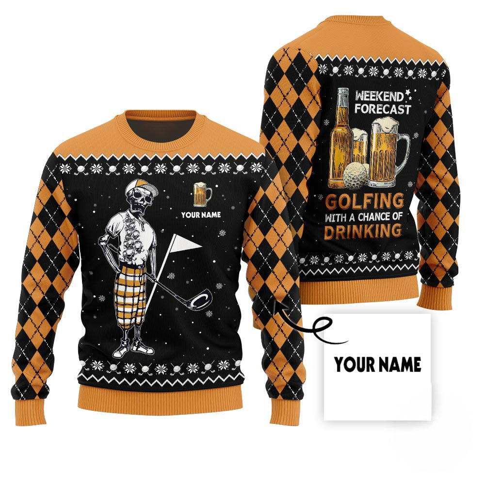 Funny Custom Name Golf And Beer Ugly Christmas Sweater Xmas Sweaters For Women