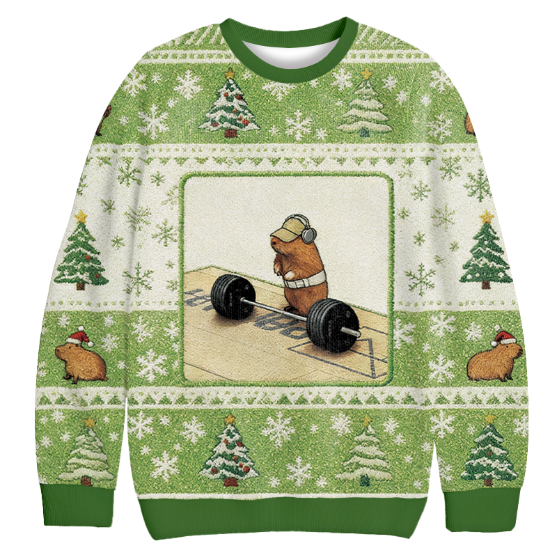 Funny Cute Rat Weightlifting Meme Christmas Ugly Sweatshirt Festive Xmas Winter Sweater Gift Ideas