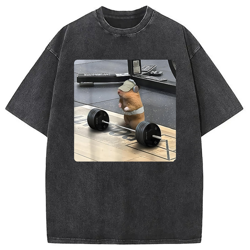 Funny Cute Rat Weightlifting Meme Washed T-Shirt Soft Cotton Daily Wear Tee Gifts For Him
