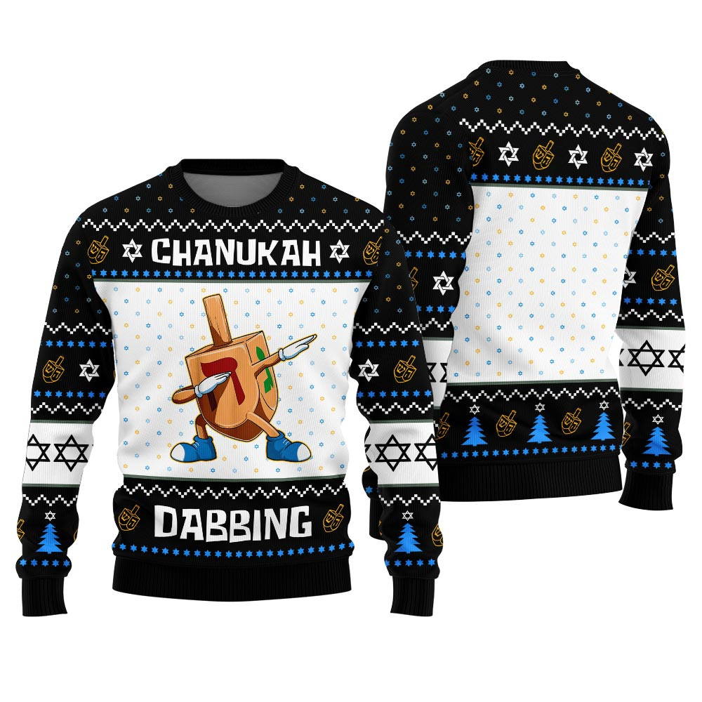 Funny Dabbing Dreidel Hanukkah Ugly Sweater Black Funny Xmas Sweater for Ugly Sweater Parties