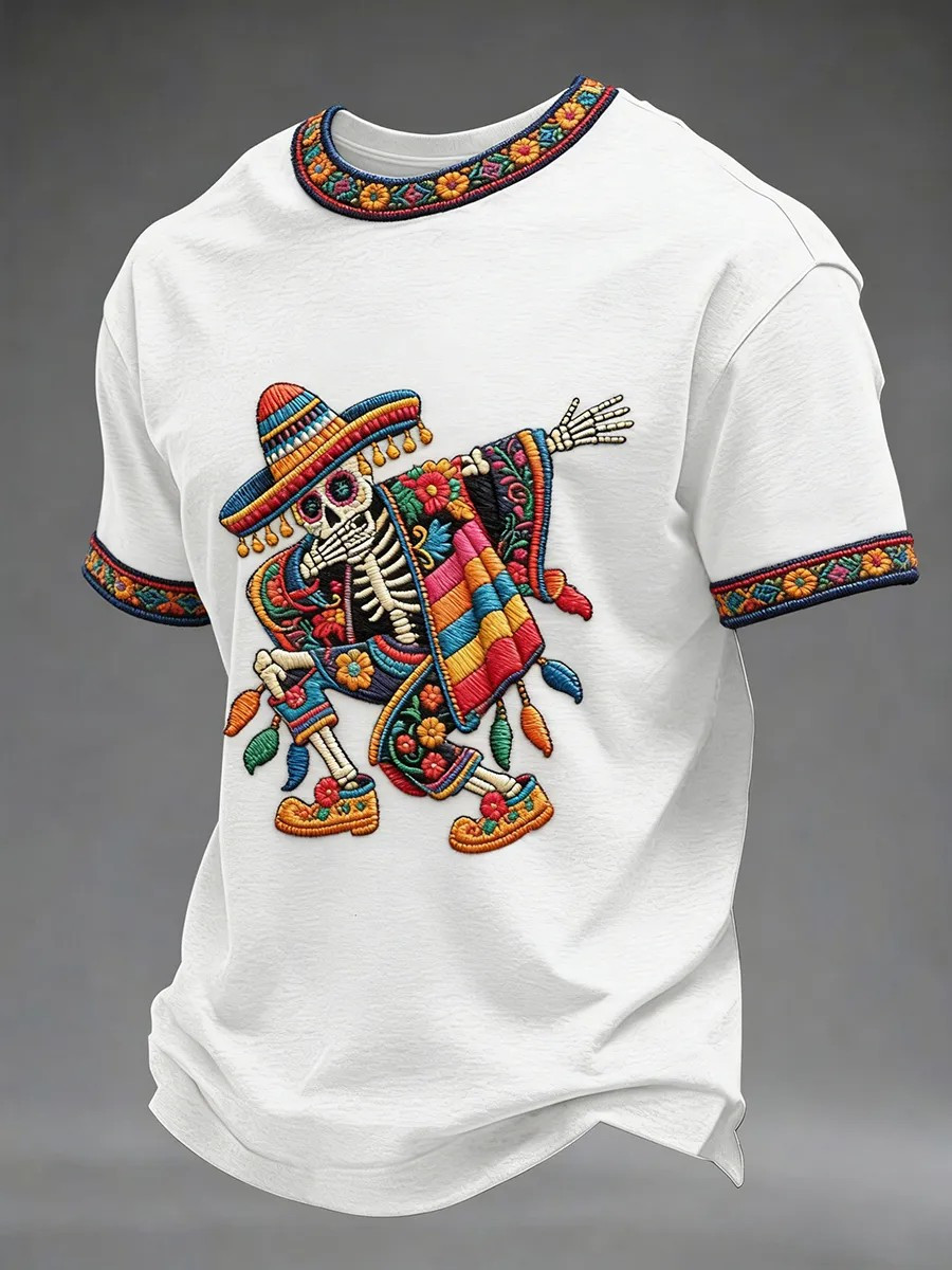 Funny Dabbing Mexican Skeleton T-Shirt Detailed Patterned Trim Clothing Gift For Fans