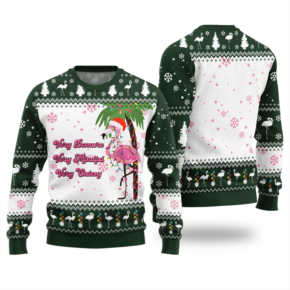 Funny Demure Mindful Cutesy Flamingo Christmas Sweater Green Cute Christmas Sweatshirt for Holiday Spirit