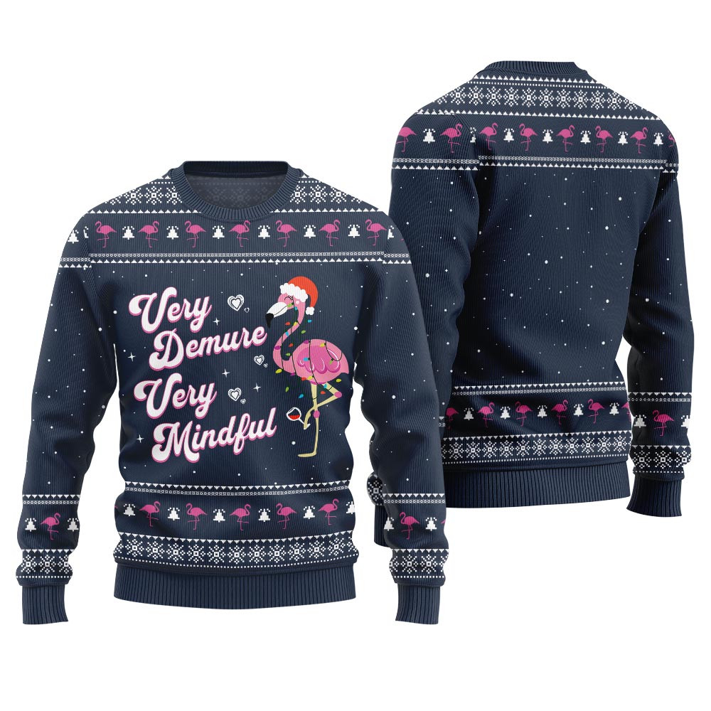 Funny Demure Mindful Flamingo Christmas Sweater Navy Cozy Christmas Sweater for Holiday Season