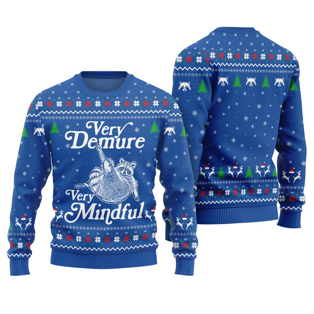 Funny Demure Mindful Racoon Ugly Xmas Sweater Royal Perfect Winter Merch Gift for the Holiday Spirit