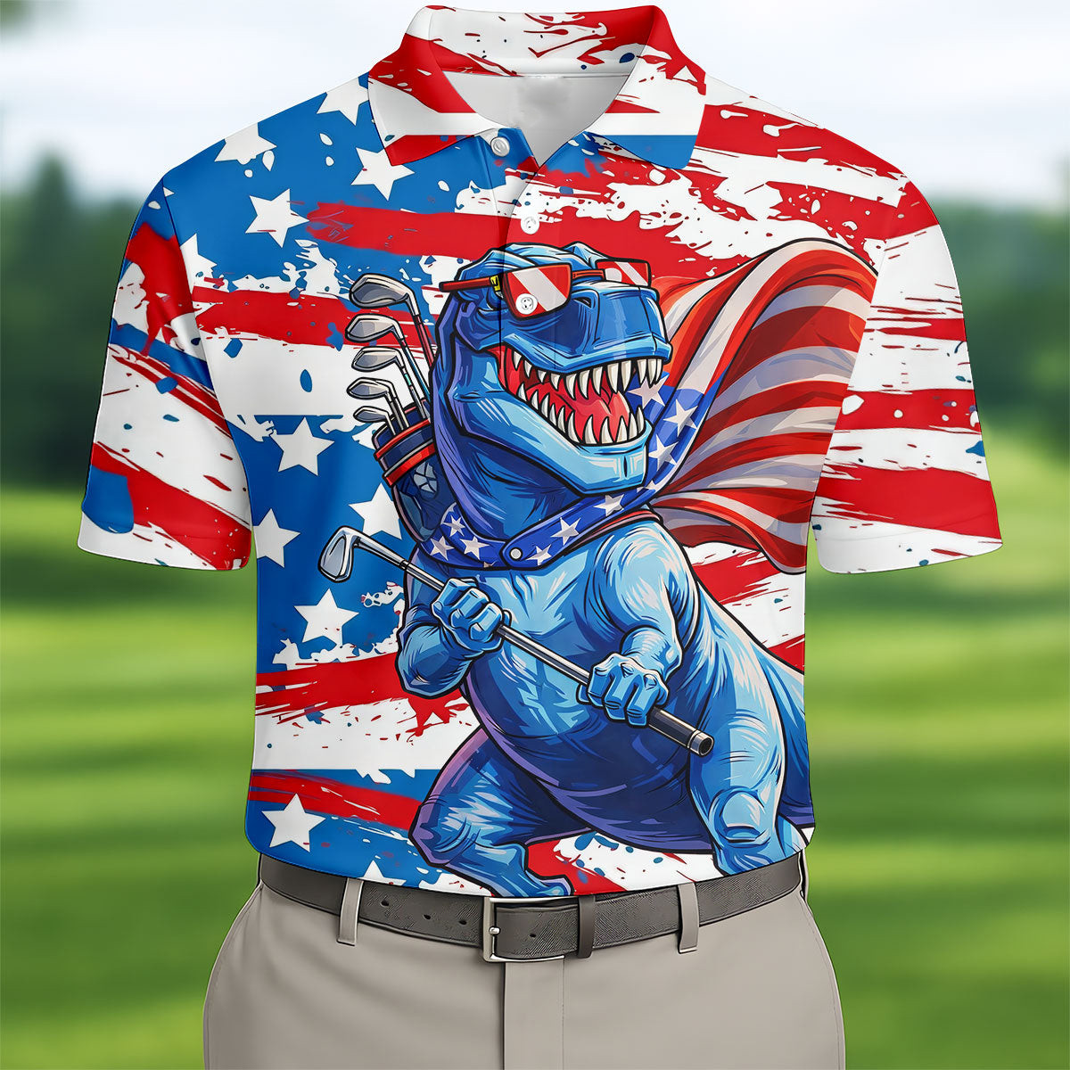 Funny Dinosaur USA Flag Golf Polo Shirt Mens Golf Outfit Good Golf Gifts For Men