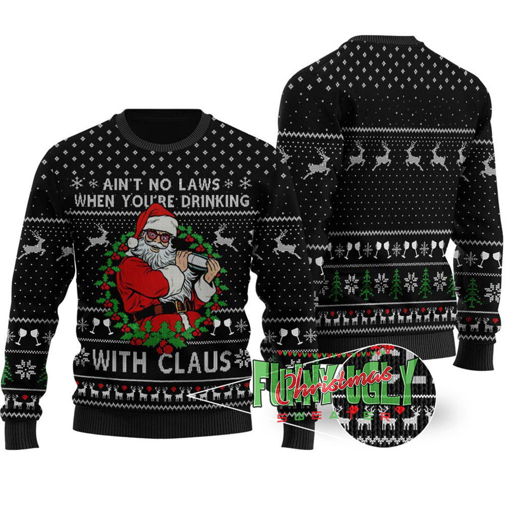 Funny Drinking Santa Ugly Christmas Sweater Black Festive Sweatshirt for Christmas Celebrations