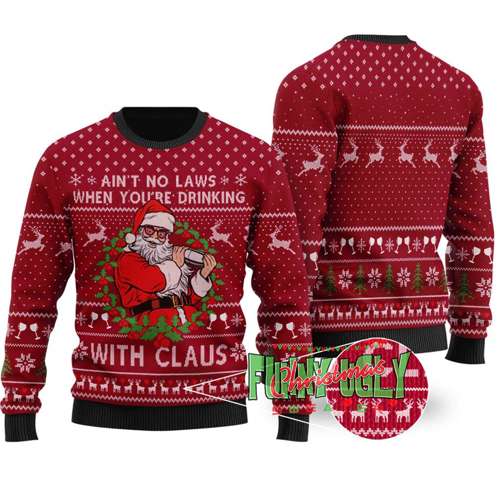 Funny Drinking Santa Ugly Christmas Sweater Cardinal Red Stylish Winter Sweatshirt for Everyday Wear