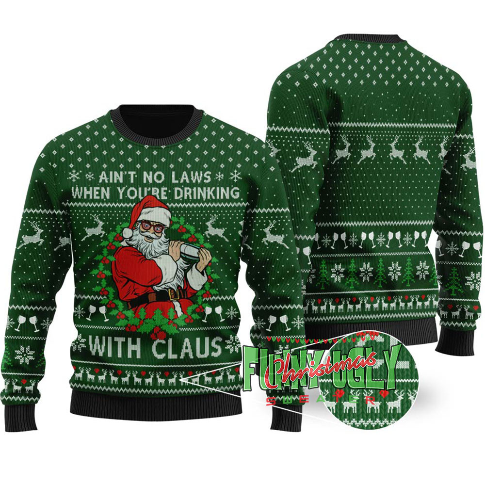 Funny Drinking Santa Ugly Christmas Sweater Forest Green Seasonal Gift Merch for Cozy Christmas Vibes