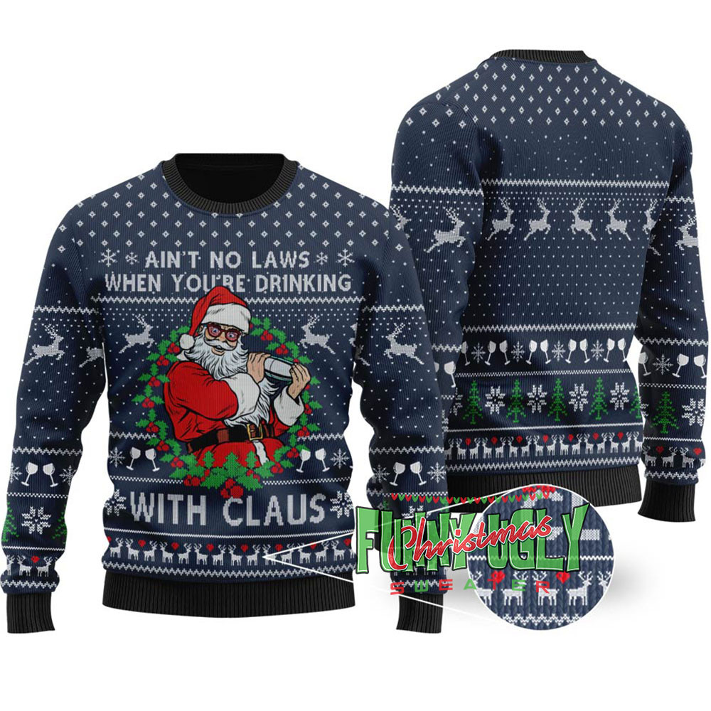 Funny Drinking Santa Ugly Christmas Sweater Navy Custom Holiday Sweater Merch That Warms the Heart