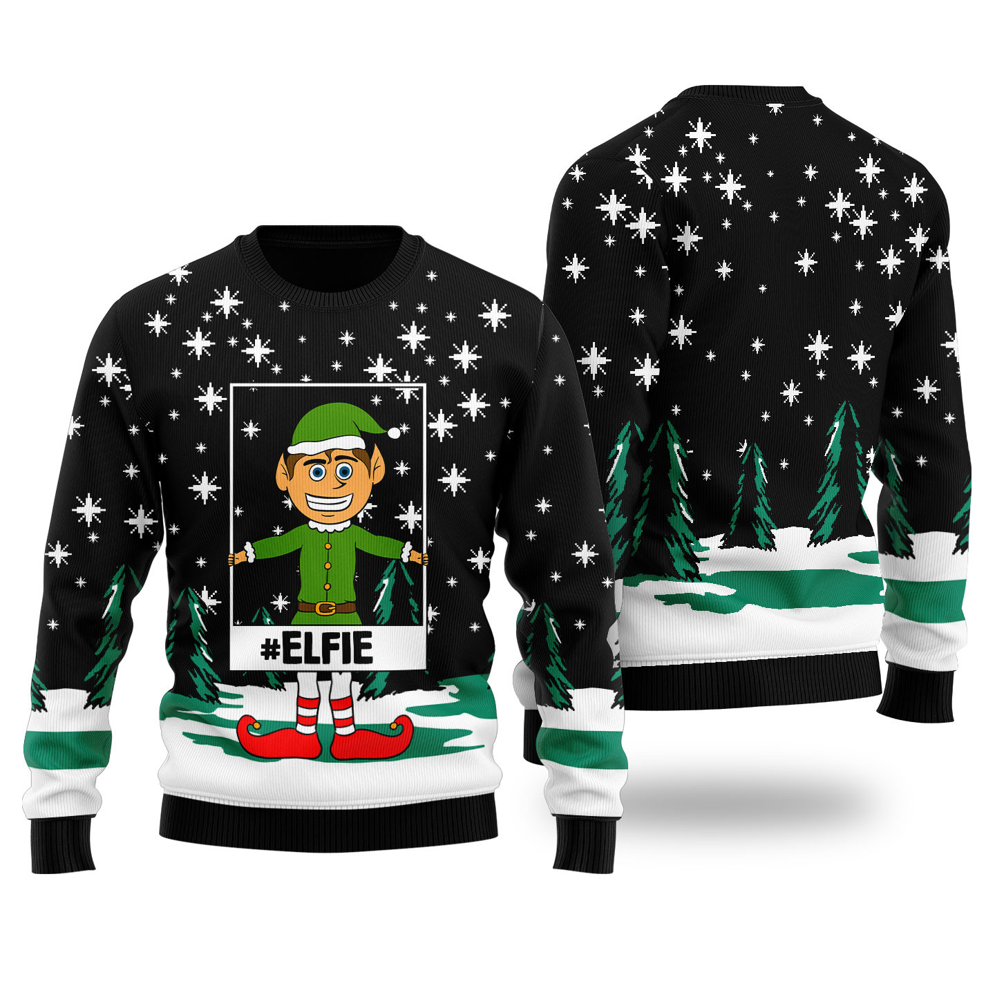 Funny Elf Selfie Ugly Christmas Sweater Black Funny Xmas Sweater for Ugly Sweater Parties