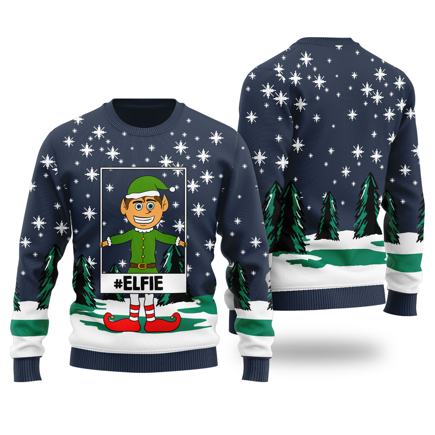 Funny Elf Selfie Ugly Christmas Sweater Navy Merry Christmas Sweatshirt for Holiday Fun